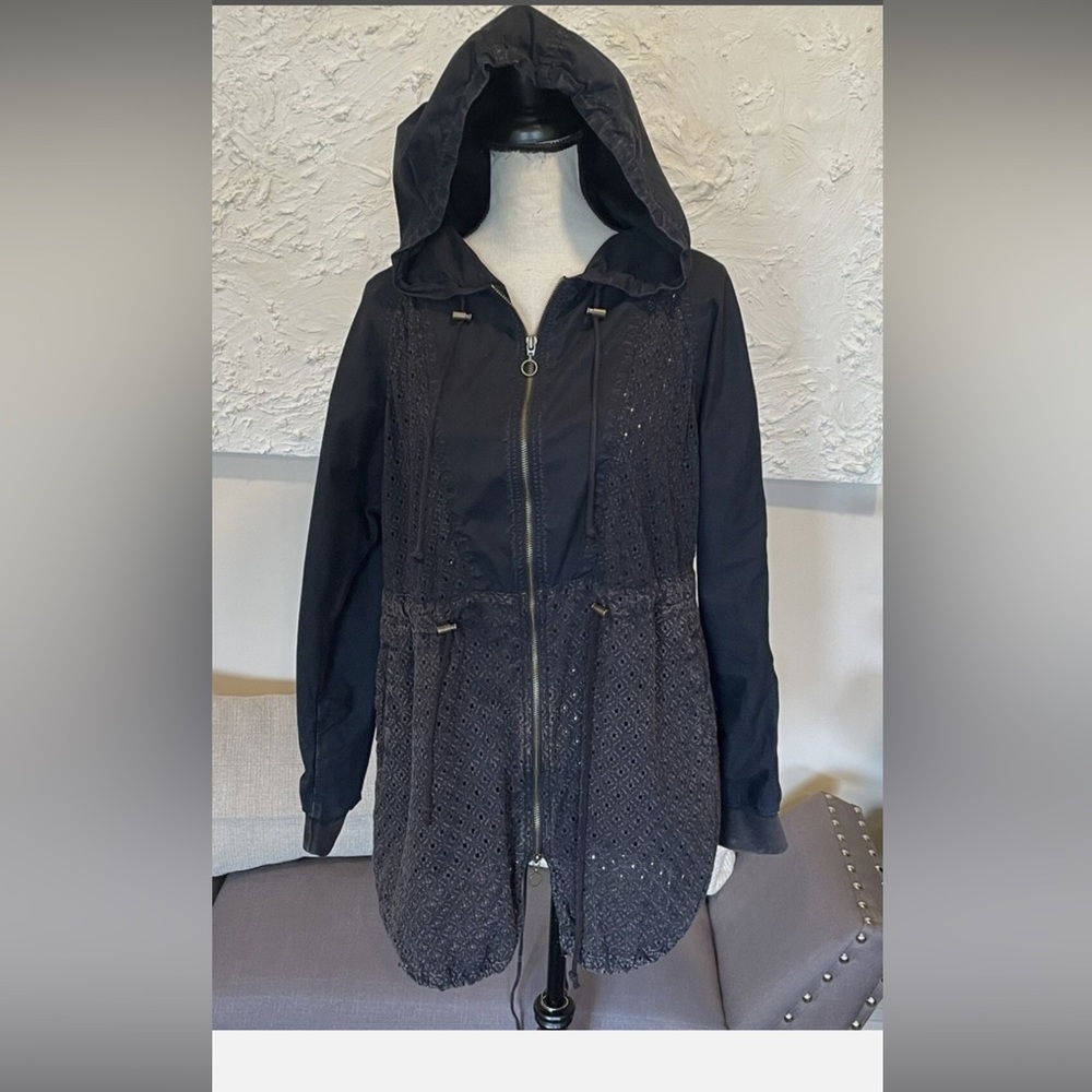 Free People Black Washed Eyelet Cotton Zip Hooded Parka Jacket S Small